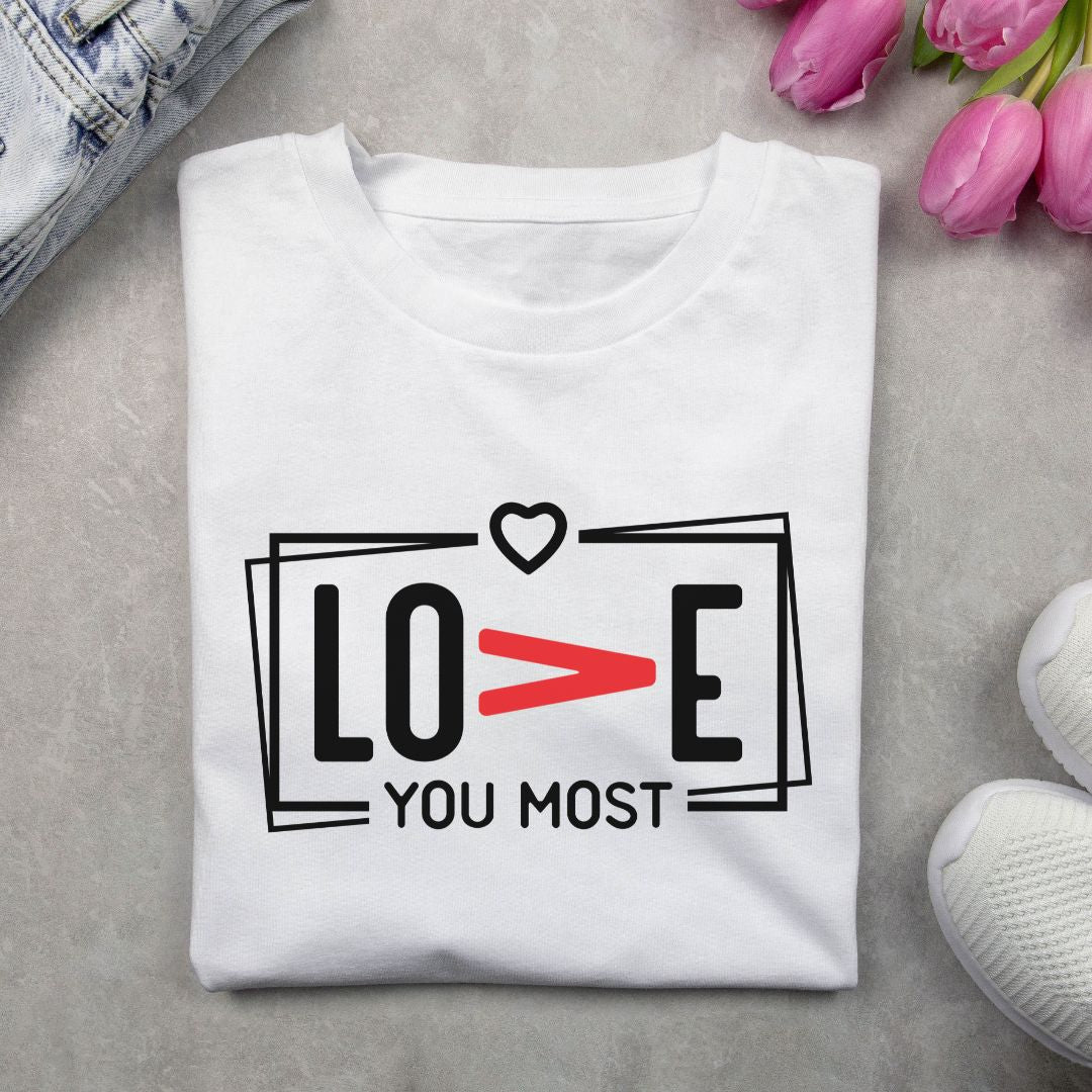 Love you more Love you most White T Shirt for couple