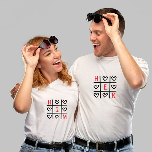 Him Her Heart smiley White Couple T Shirt