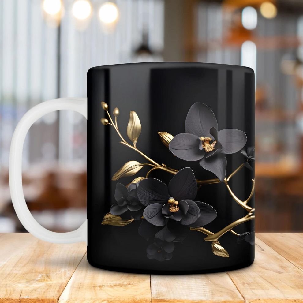 3D Black and Gold Orchids Mug